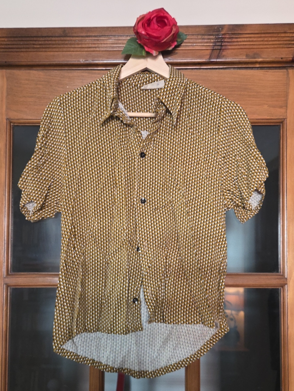 From Babu - Unisex Short-Sleeve Button-Up Shirt Dark Mustard Dot Print Size S/M